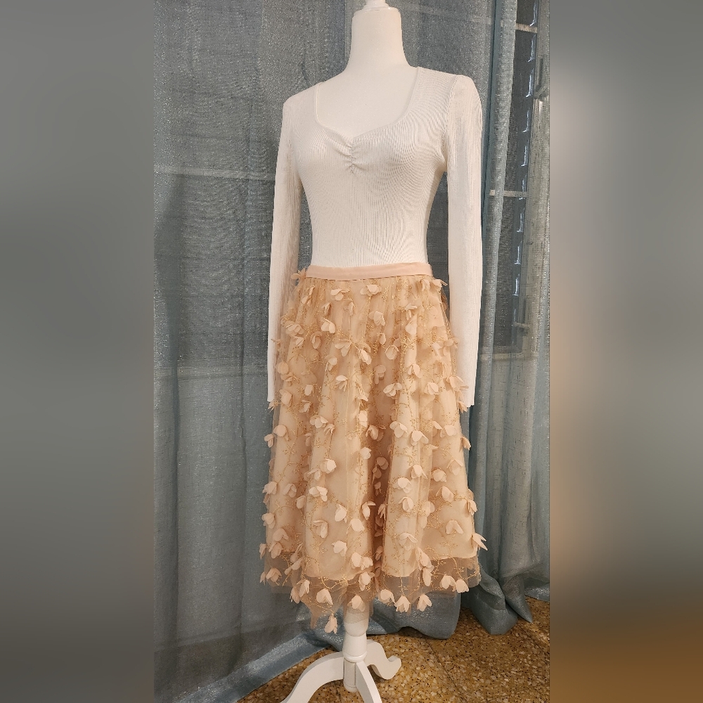 Anthropologie Soft Pink Tulle Skirt With 3d Flowers